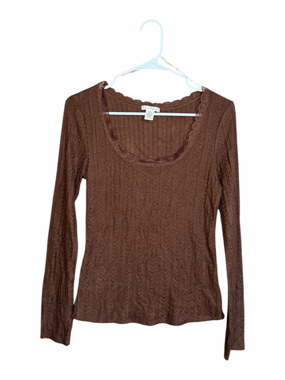 Bozzolo Brown Lace-Trim Ribbed Long-Sleeve Top